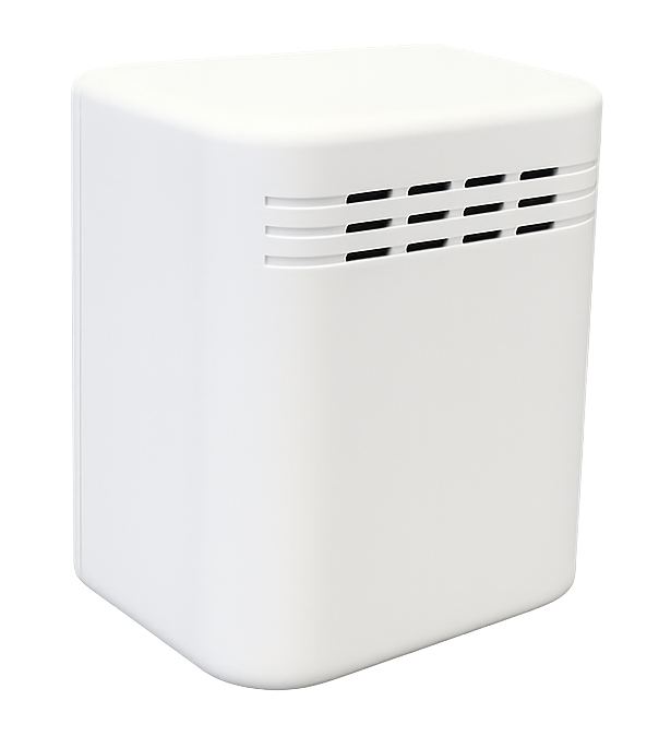 Wireless EnOcean Sensor EnoSense DESK im glänzend weissen Gehäuse, seitlich von oben, mit montierter Frontblende für den PIR