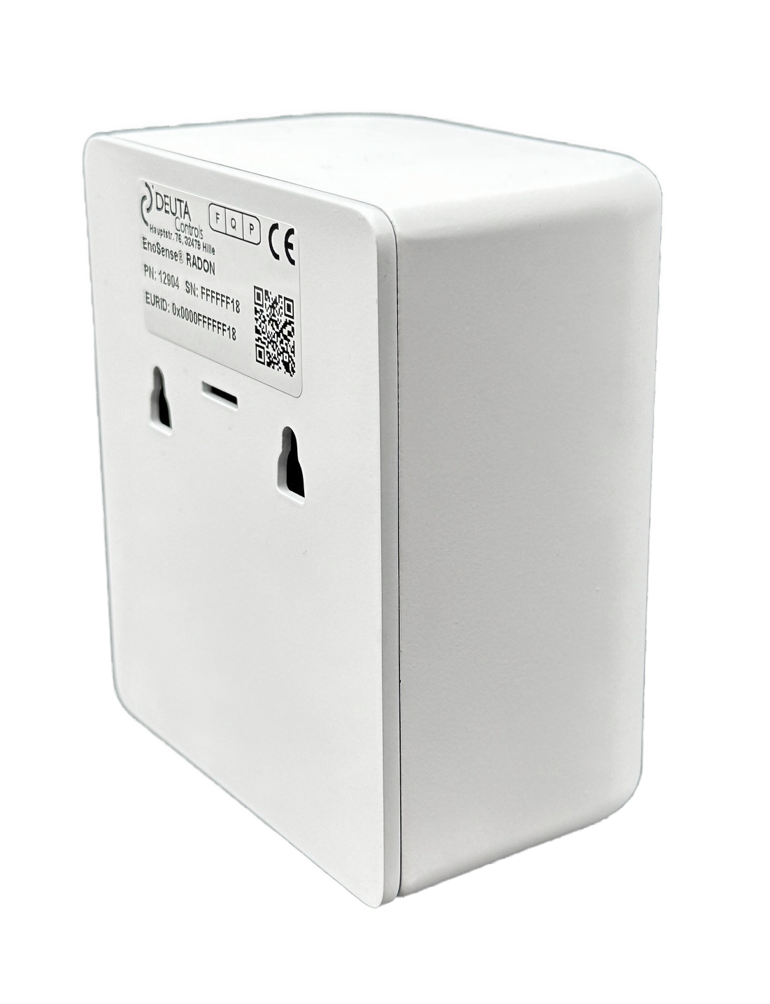 Wireless EnOcean Sensor EnoSense DESK im glänzend weissen Gehäuse, seitlich von oben, mit montierter Frontblende für den PIR