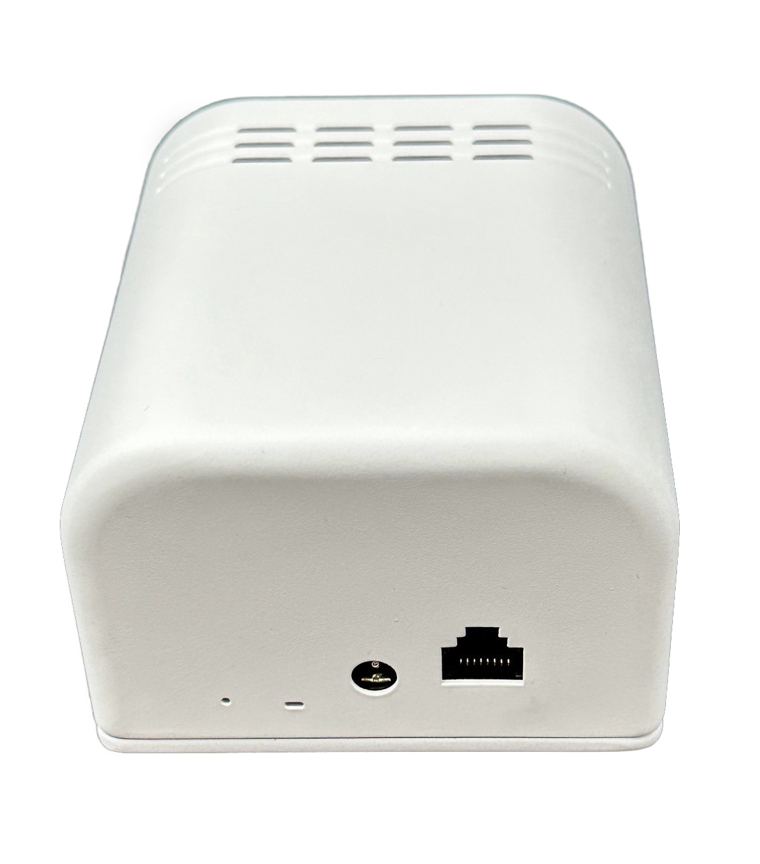 Wireless EnOcean Sensor EnoSense DESK im glänzend weissen Gehäuse, seitlich von oben, mit montierter Frontblende für den PIR